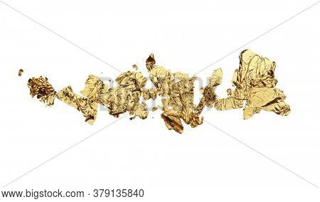 Abstract torn piece of metal leaf (potal) paper on white background. Gold and bronze color. 