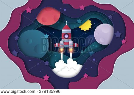 Paper Cut Universe. Cartoon Cutout Space Background With Stars Planets And Rocket, Start Up And Trav