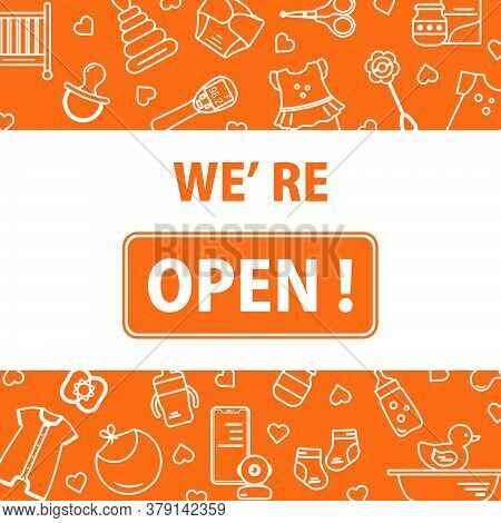 Vector Illustration Reopening Of Kids Store, Store For Babies, Newborns Goods, Children's Items And 