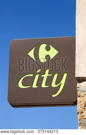 Villefranche, France - May 17, 2020: Carrefour City Logo On A Wall. Carrefour City Is A French Conve