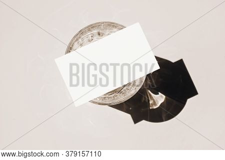 Summer Stationery Still Life Scene. Glasses Of Water, Cocktail In Sunlight On Beige Table Background