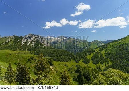 Mountain Landscape Along The Road To Crocedomini Pass, In The Brescia Province, Lombardy, Italy, At 