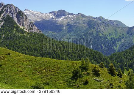 Mountain Landscape Along The Road To Crocedomini Pass, In The Brescia Province, Lombardy, Italy, At 