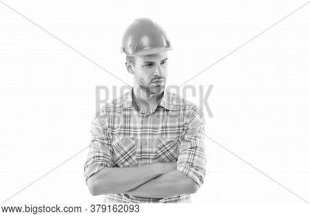 Always Dedicated To Work. Confident Workman Isolated On White. Construction Worker Wear Protective H