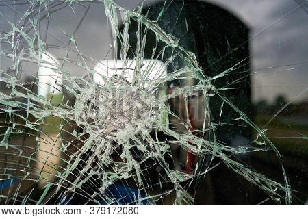 Destroyed Glass Of The Window Pane Of A Railway Wagon