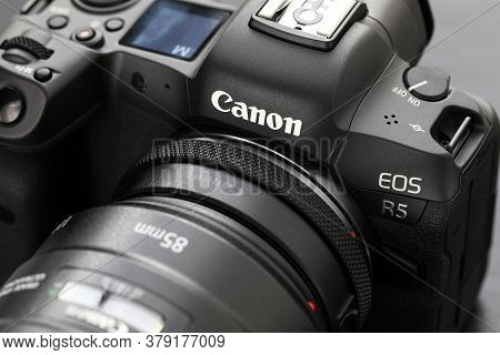 Barcelona, Spain - July 31, 2020: Brand New Mirrorless Digital Camera Canon R5 Closeup