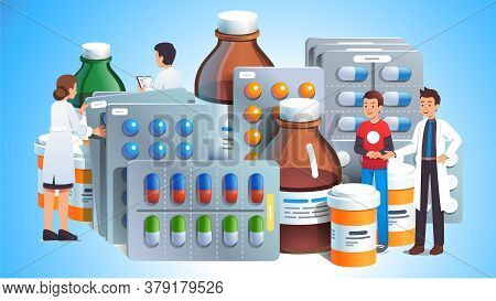 Various Meds. Pills, Bottles With Liquid Medicine