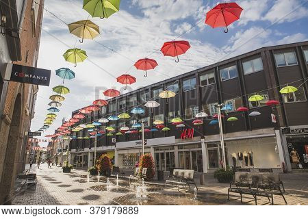 Viborg, Denmark, July 2018: People Walk Around The City Of Viborg In Denmark