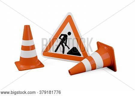Two Orange Traffic Warning Cones Or Pylons With Street Or Road Construction Sign On White Background