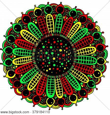 Floral Doodle Mandala. Line Rastafari Colores Zendoodle Drawing. Mindfulness Artwork. Vector Illustr