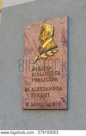 Jaroslaw, Poland - June 12, 2020: Information Plaque Of Municipal Public Library In Jaroslaw.