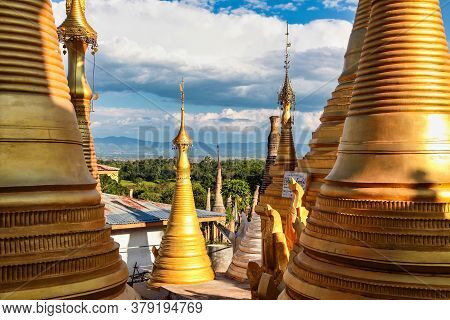 Ruins Of Ancient Stupas Of Shwe Indein Pagoda Over Blue Sky. Indein Village, Inle Lake, Shan State, 