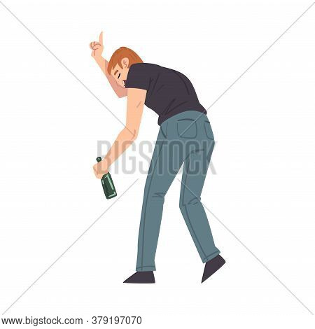 Back View Of Man With Alcohol Drink Bottle In His Hands, Drunkenness, Bad Habit Concept Cartoon Styl