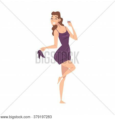Happy Drunk Barefoot Woman With Glass Of Wine In Her Hands, Drunkenness, Drunken Girl Wearing Party 