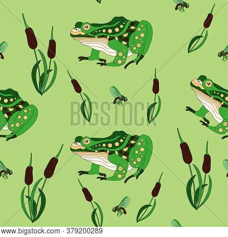 Seamless Pattern Frog In The Reeds Catches A Fly. Cute Frog With Green Background, For Fabric Print,