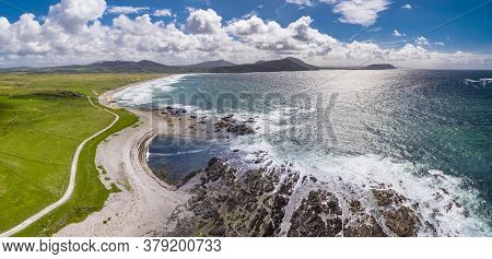 Aerial View Of The Beautiful Coast Next To Carrickabraghy Castle - Isle Of Doagh, Inishowen, County 