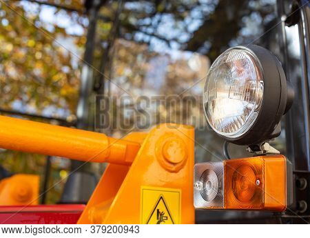 Headlights And Turn Signals On Agricultural Machinery. Hazard Warning Lights, Industry, Copy Space F
