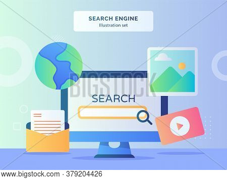 Search Engine Illustration Set Monitor Computer Background Of Picture Globe Mail Video With Flat Sty