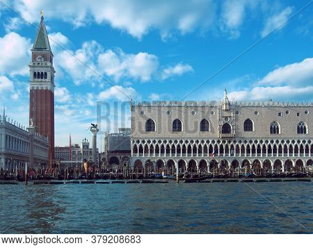 Venice / Italy - 06 March 2020: View Of Saint Marks Square Cathedral And The Doges Palace In Venice 