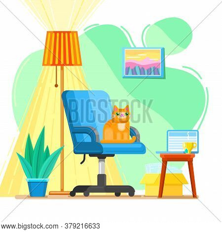 Concept Of Home Office And Online Learning. Interior With Red Chair And Work Place At Home.