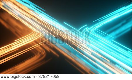 Blue And Orange Neon Stream. High Tech Abstract Curve Background. Striped Creative Texture. Informat