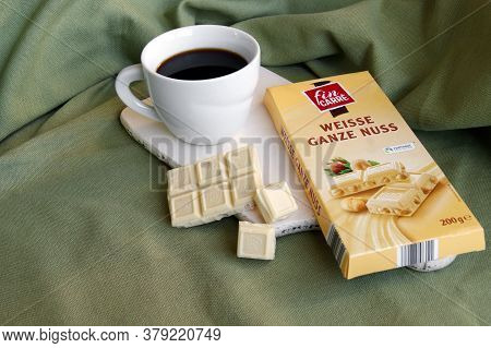 Kharkov, Ukraine - February 10, 2020: Fin Carre, Weisse Ganze Nuss German White Chocolate Bar With W