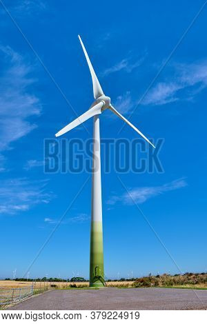 Electricity Wind Turbines In A Field Of Ripe And Ready To Harvest Wheat
