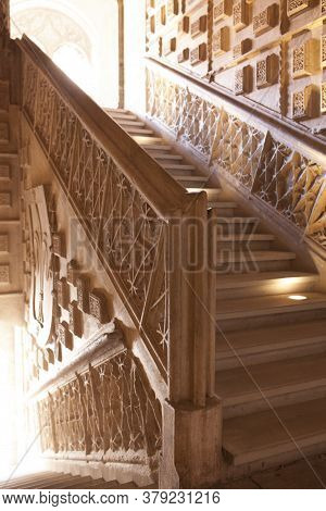 Valladolid, Spain - July 18th, 2020: Colegio De San Gregorio Indoor Stairs. Isabelline Style Buildin