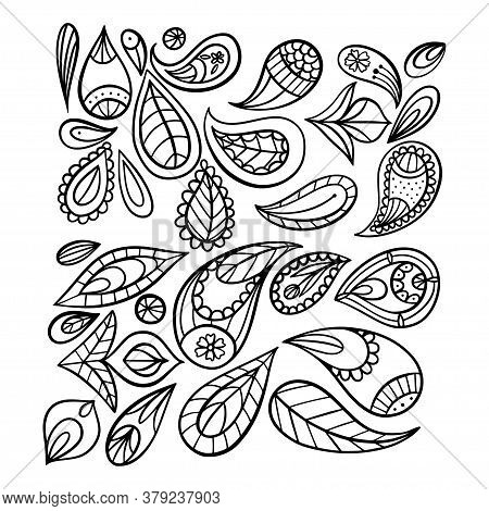 Hand Drawn Black And White Indian Paisley Illustration.