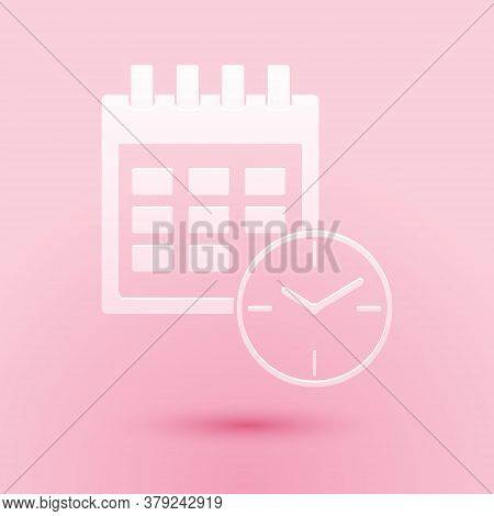 Paper Cut Calendar And Clock Icon Isolated On Pink Background. Schedule, Appointment, Organizer, Tim