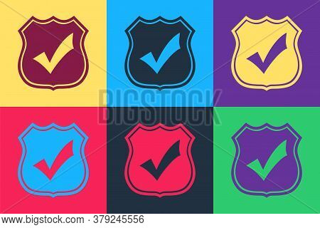 Pop Art Shield With Check Mark Icon Isolated On Color Background. Protection, Safety, Security, Prot
