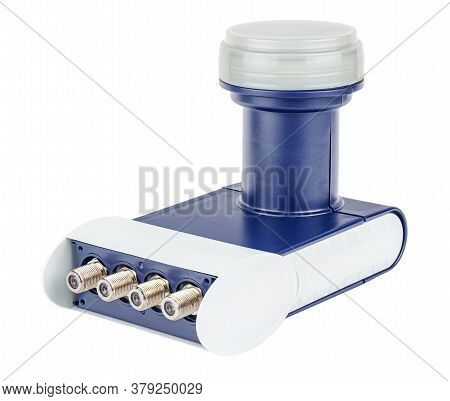 Satellite Dish Lnb In Blue And White Plastic Case Isolated On White Background