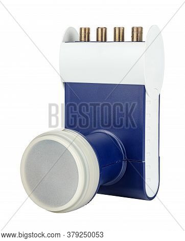 View Of Satellite Dish Lnb In Blue And White Case Isolated On White Background