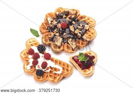 Freshly Baked Waffles With Chocolate Isolated On White Background