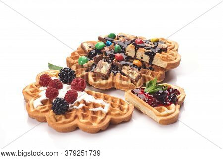 Freshly Baked Waffles With Chocolate Isolated On White Background