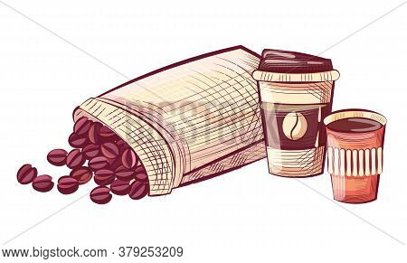 Coffee In Disposable Cup With Lid, Beans In Sack. Sketch Of Caffeine Beverage And Grains In Bag, Moc