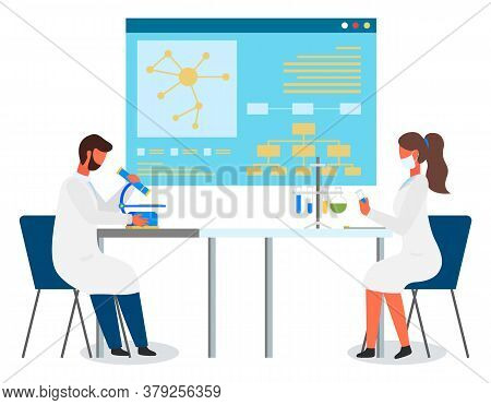 Laboratory Workers Making Experiments. Scientist Man With Mircoscope. Woman Researcher Exploring Fla