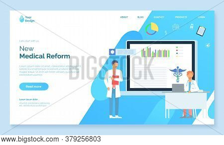 New Medical Reform. Medical Website, Landing Page. Doctor With Clipborad, Physician Or Therapist Sit