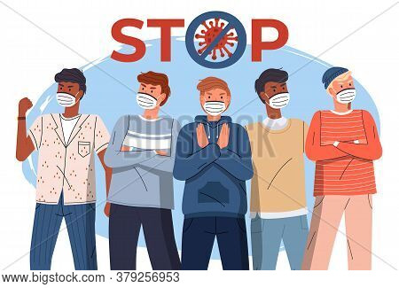 Crowd Of Multinational Guys In Face Medical Masks Protesting Against World Epidemy. Group Of Charact