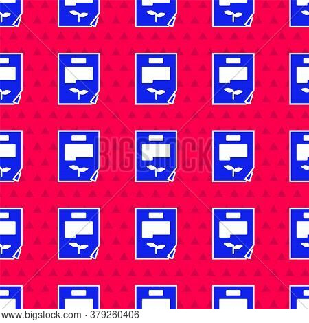 Blue Leaf Document Icon Isolated Seamless Pattern On Red Background. Nature File Icon. Vector Illust