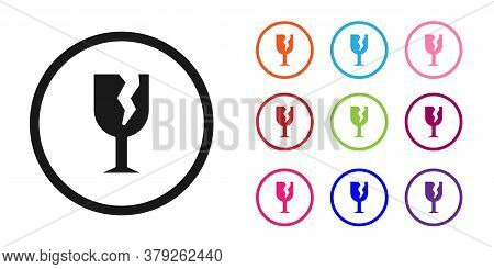 Black Fragile Broken Glass Symbol For Delivery Boxes Icon Isolated On White Background. Set Icons Co