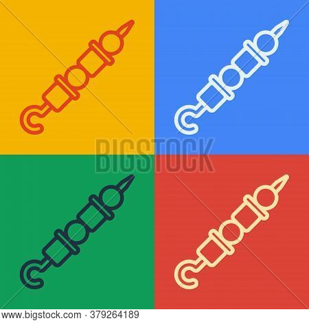 Pop Art Line Grilled Shish Kebab On Skewer Stick Icon Isolated On Color Background. Meat Kebab On Sk