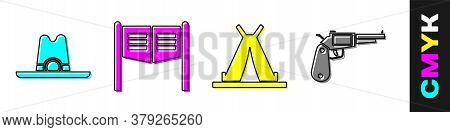 Set Western Cowboy Hat, Saloon Door, Indian Teepee Or Wigwam And Revolver Gun Icon. Vector