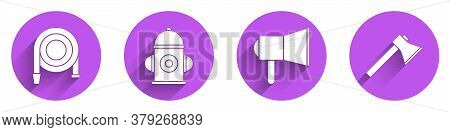 Set Fire Hose Reel, Fire Hydrant, Megaphone And Firefighter Axe Icon With Long Shadow. Vector