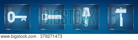 Set Old Key, Hand Saw, Trowel And Hammer. Square Glass Panels. Vector