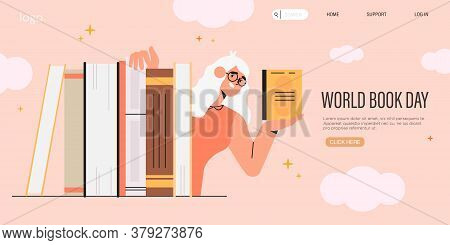 Smart Woman Or Teacher In Glasses Hold A Book And Hide Behind A Pile Of Books. World Book Reading Or