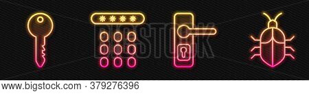Set Line Door Handle, Key, Password Protection And System Bug Concept. Glowing Neon Icon. Vector