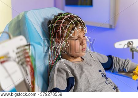 Eeg Electrode Placement To Patient During Eeg Record. Electroencephalogram Eeg .