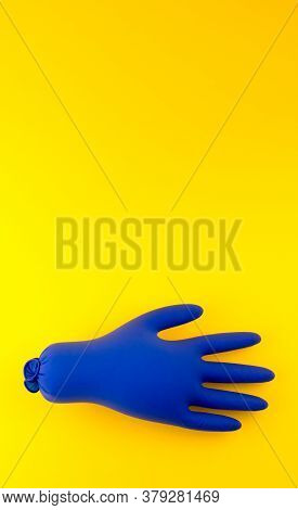 Inflated Medical Blue Gloves On A Yellow Background. The Concept Is A Blown Pandemic Of 2020.