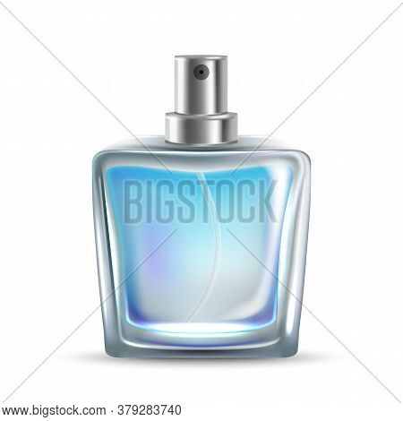 Perfumery Glass Bottle Sprayer Aroma Smell Vector. Odor Blank Bottle Gift With Aromatic Lotion For M